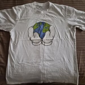 KAWS White Tee with Blue and Green Earth Design